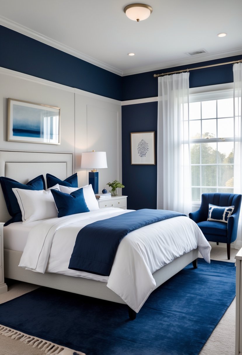Guest bedroom with a queen bed featuring white linens and navy blue accents, a navy blue accent wall, bedside tables with lamps, an armchair by a window, and natural light filling the room.