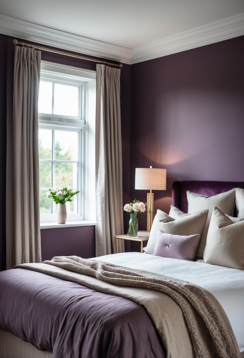Guest bedroom with plum-colored walls, a made bed, bedside table with lamp, and natural light coming through a window.