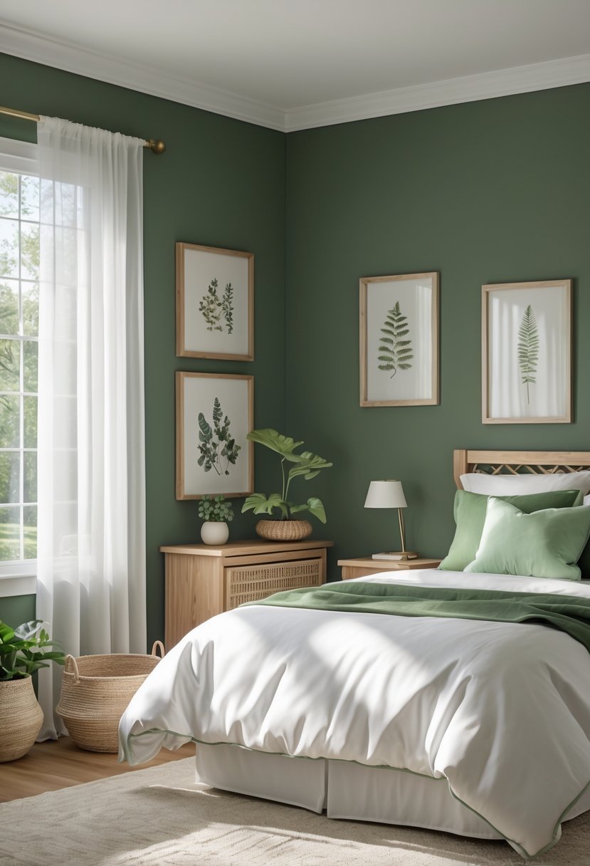 A guest bedroom with forest green walls, a bed with white linens and green pillows, wooden furniture, a potted plant, and natural light coming through a window.