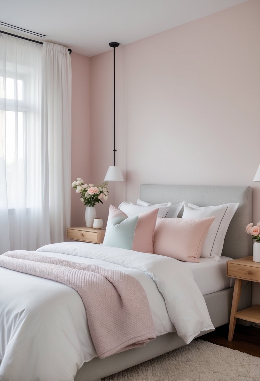 A guest bedroom with pale pink walls, a neatly made bed, a wooden nightstand with flowers, and soft natural light coming through sheer curtains.