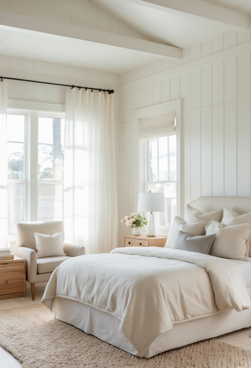 A guest bedroom with creamy white walls, a neatly made bed, natural light from windows, and simple furniture creating a welcoming space.