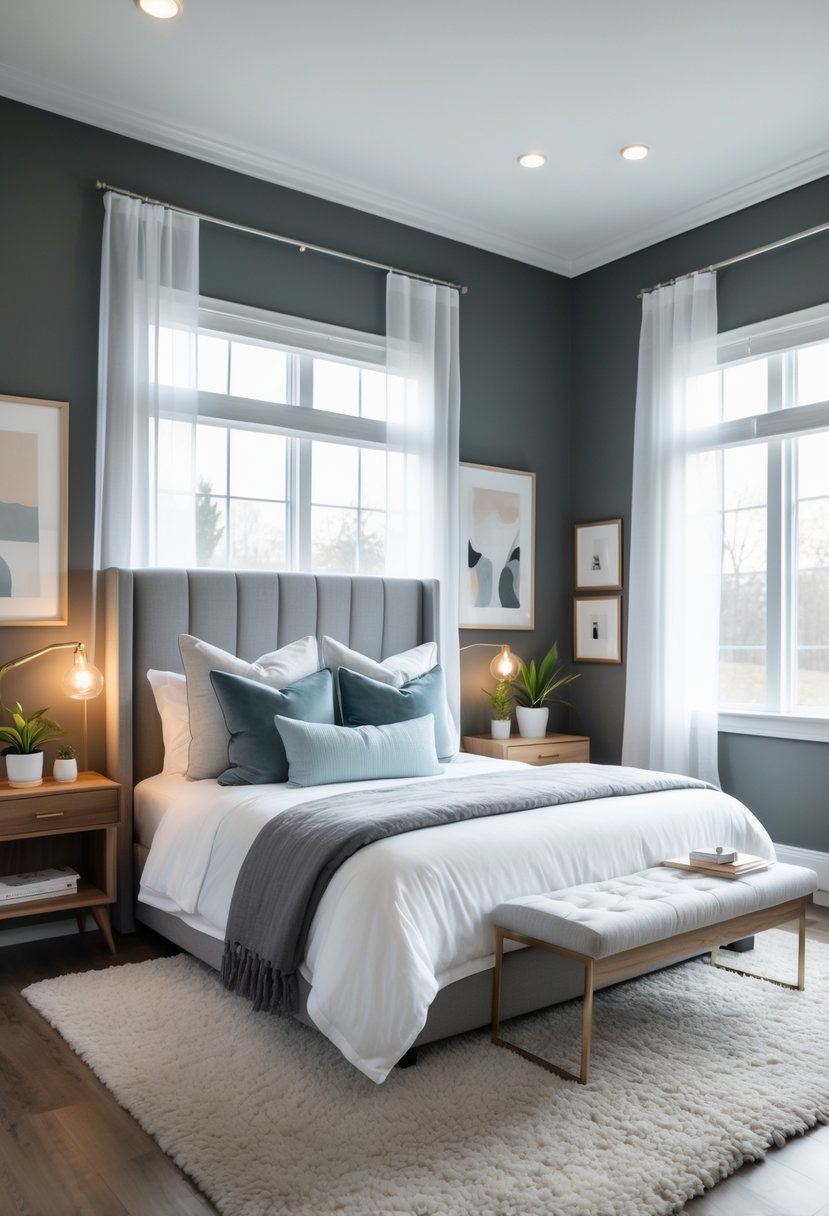 A guest bedroom with charcoal gray walls, a neatly made bed with white linens and gray pillows, wooden nightstands with lamps and plants, and a cozy armchair by the window.