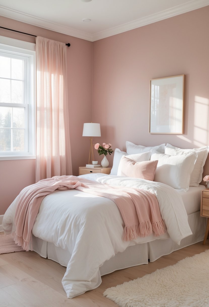 Guest bedroom with soft dusty rose walls, a neatly made bed with white linens, natural light from a window, and simple decor including a nightstand with flowers.