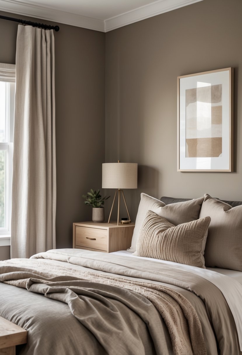 A guest bedroom with muted taupe walls, a neatly made bed, a wooden nightstand with a lamp, and a small potted plant.