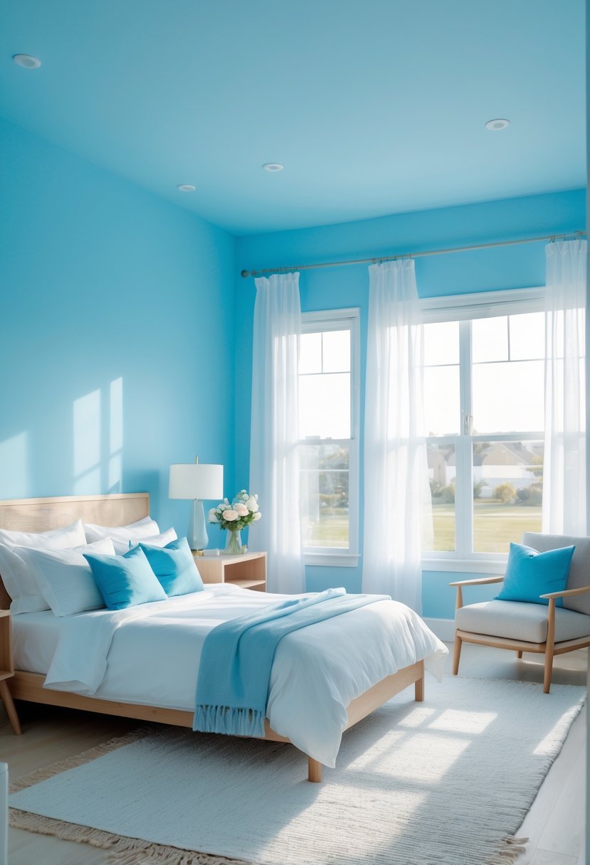 A guest bedroom painted in sky blue with a neatly made bed, natural light, and simple wooden furniture.