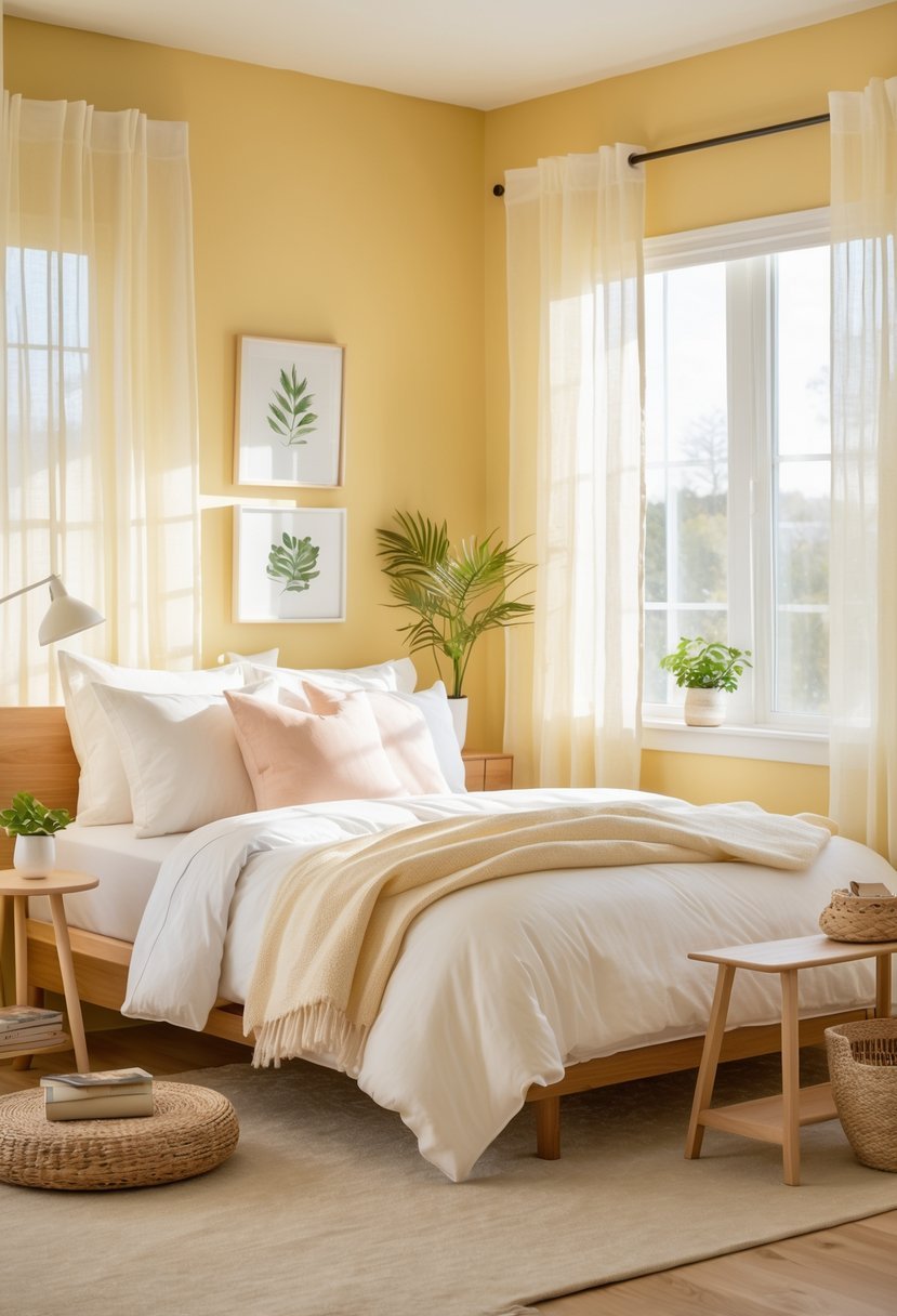 A guest bedroom with butter yellow walls, a bed with white linens and pastel pillows, natural light from large windows, wooden furniture, and simple decorative elements.