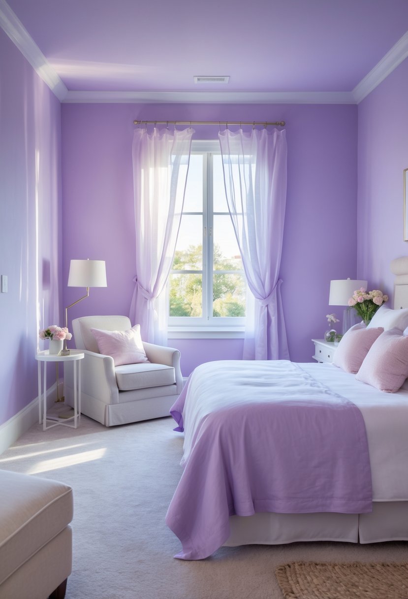 A guest bedroom with soft lavender walls, a neatly made bed, a bedside table with a lamp, and natural light coming through a window.