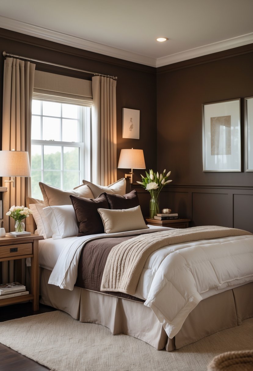 A cozy guest bedroom with chocolate brown walls, a neatly made bed, a nightstand with a lamp and flowers, and soft natural light coming through a window.