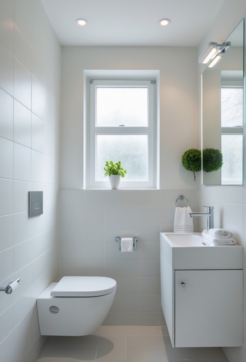 Small bathroom with white walls, a vanity with a sink, a mirror, and natural light coming through a window.