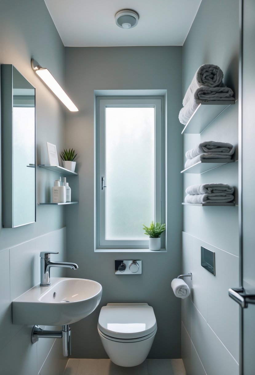 Small bathroom with light gray walls, white sink, mirror, and natural light coming through a window.