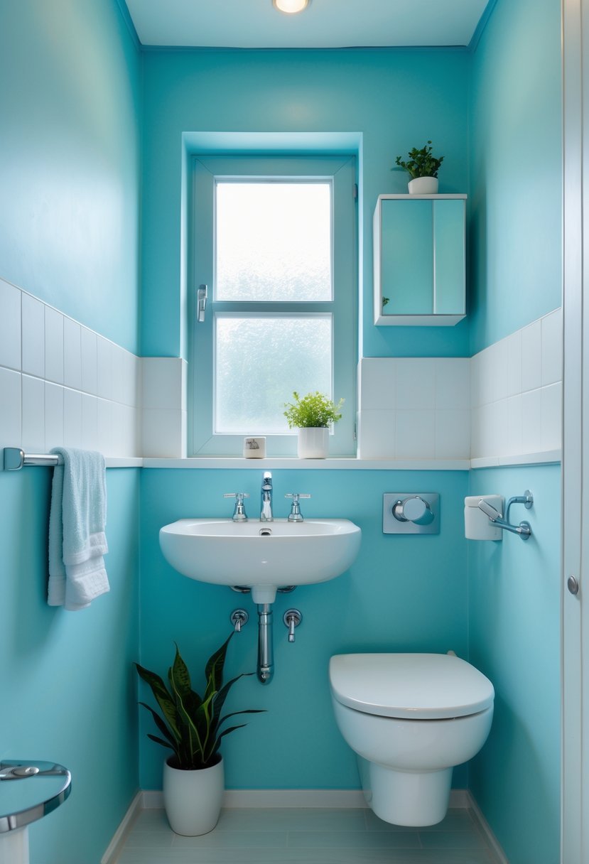 A small bathroom with pastel blue painted walls, a white sink, mirror, and natural light coming through a window.