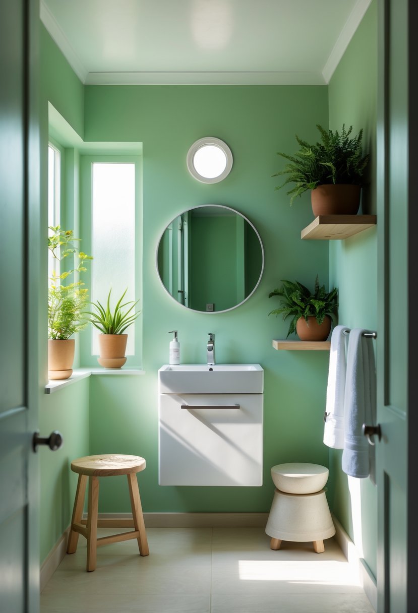 Small bathroom with sage green walls, white vanity, round mirror, plants on shelves, and natural light coming through a window.