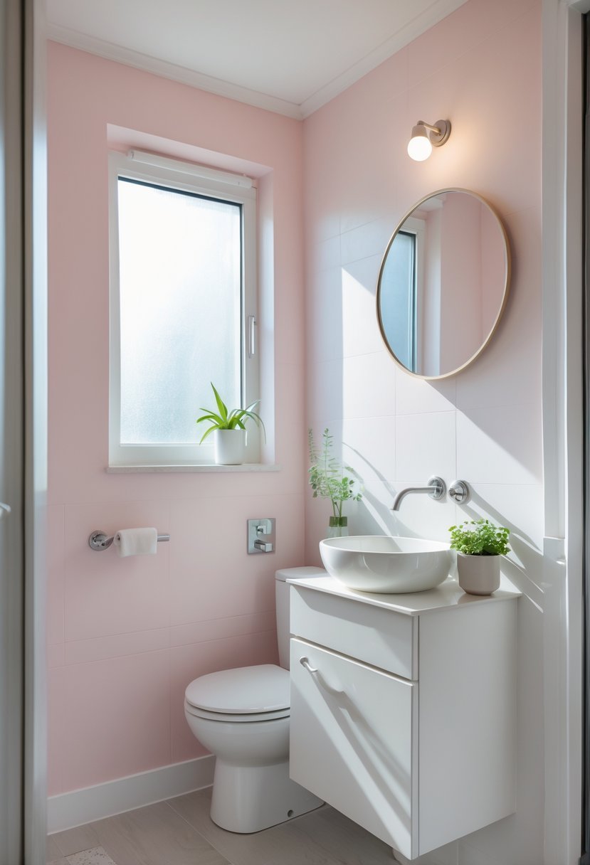 Small bathroom with pale pink walls, white vanity, round mirror, and a small green plant.