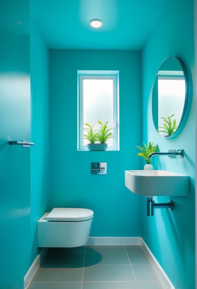 Small bathroom with bright turquoise walls, white vanity, round mirror, and natural light from a window.