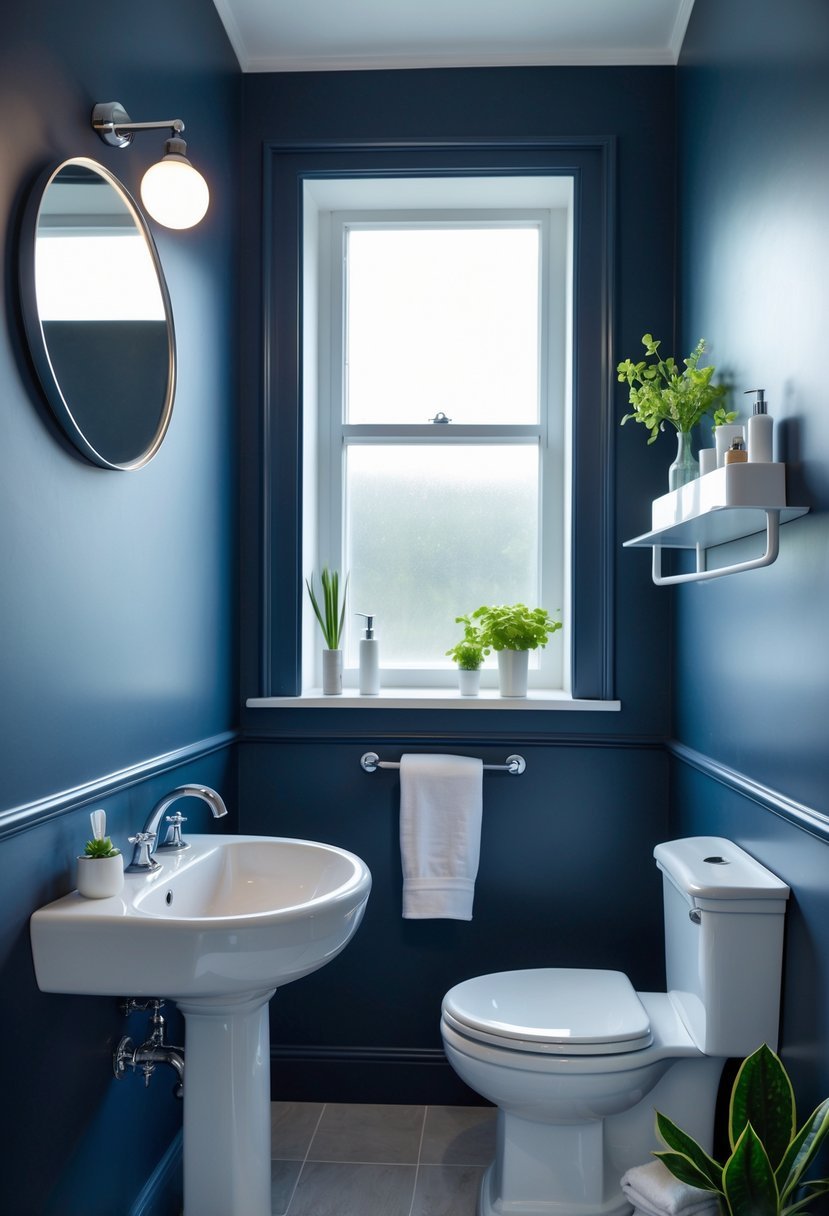 Small bathroom with navy blue walls, white sink, round mirror, shelves with plants, and natural light coming through a window.