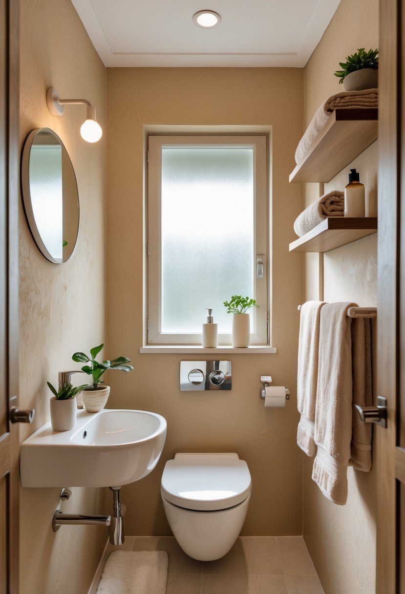 Small bathroom with beige walls, a white sink, round mirror, wooden shelves, and soft natural light.