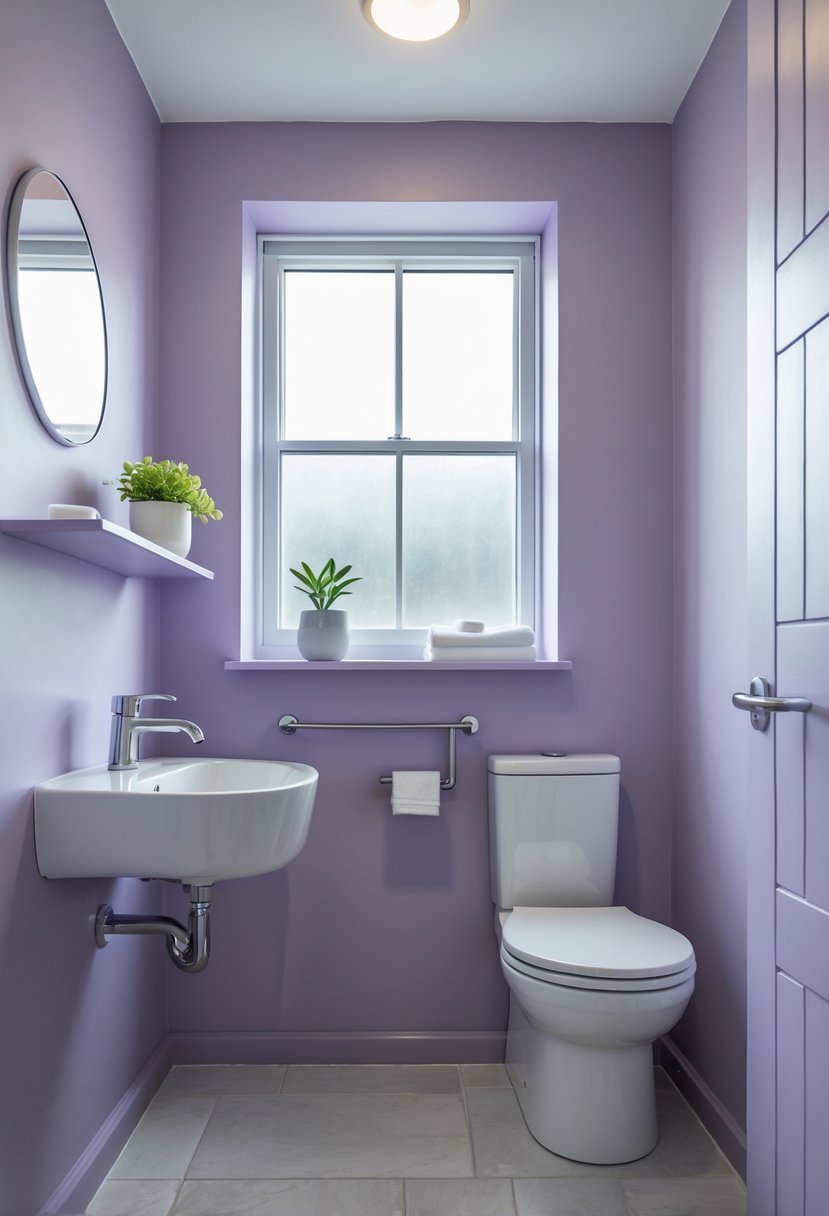 Small bathroom with muted lavender walls, white fixtures, a round mirror, and a potted plant on a shelf.