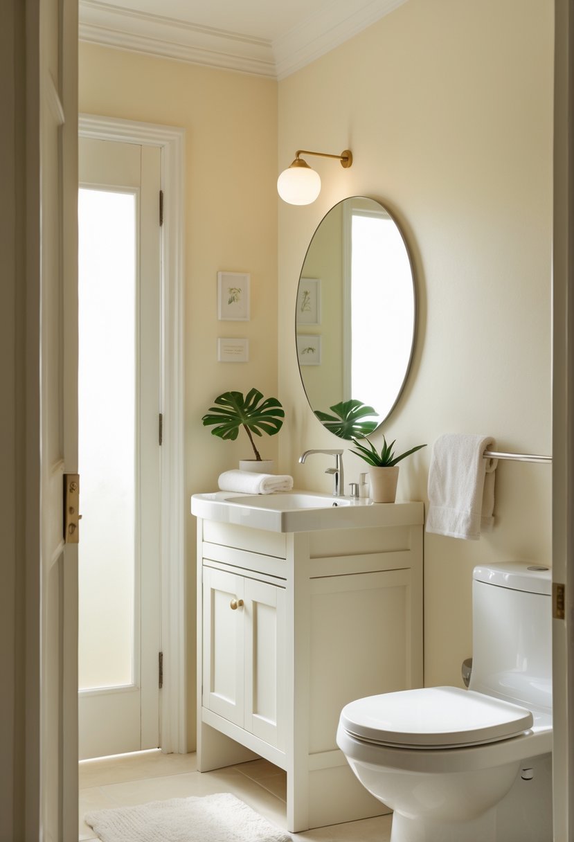Small bathroom with creamy ivory walls, a white vanity with a round mirror, and a small shower with clear glass doors.