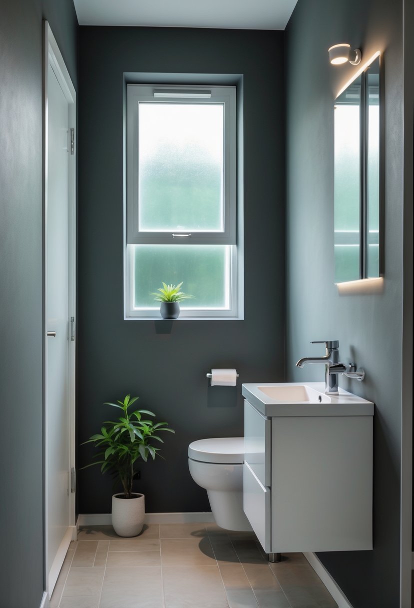 Small bathroom with charcoal gray walls, white vanity, mirror, and a small potted plant.
