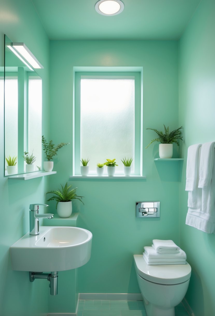 Small bathroom painted seafoam green with a white sink, mirror, plants, and natural light creating a calm atmosphere.