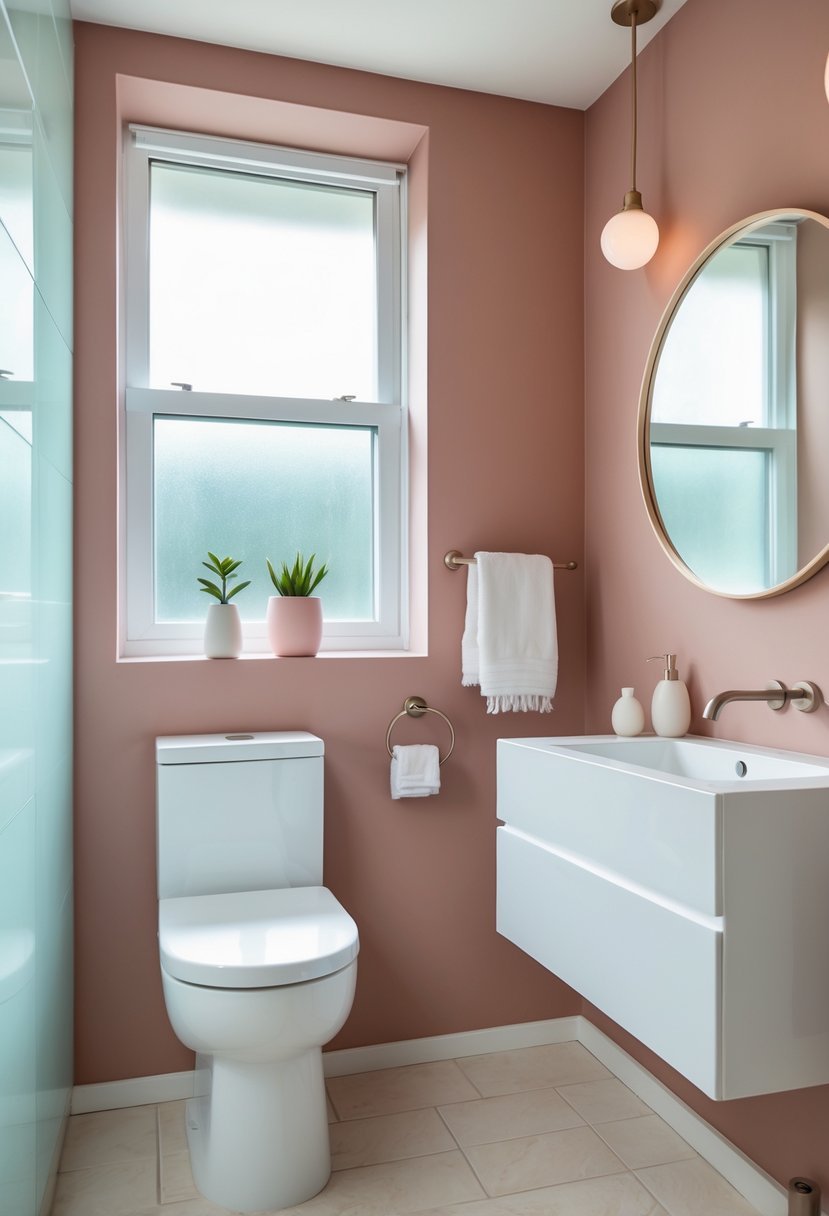 A small bathroom with dusty rose-colored walls, a white vanity, round mirror, and natural light coming through a frosted window.