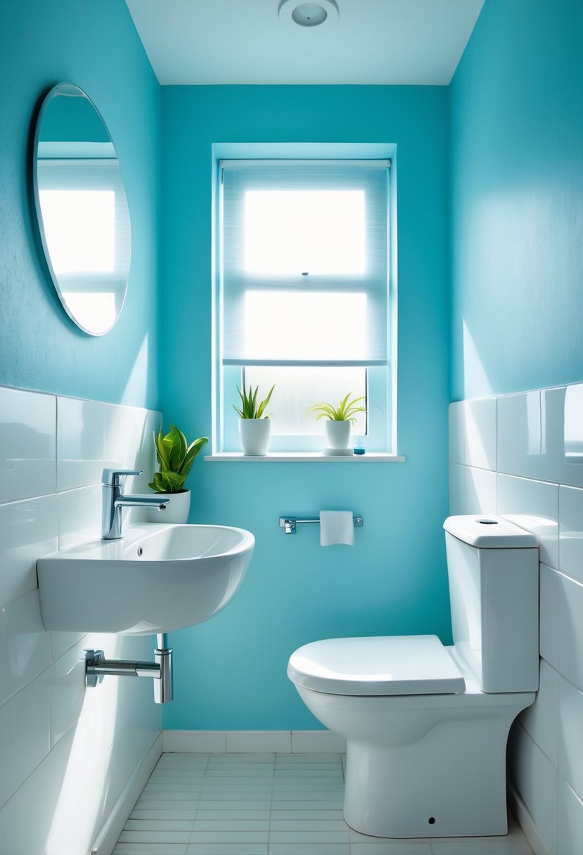 Small bathroom with ice blue walls, white sink, round mirror, and natural light creating a bright and spacious feel.