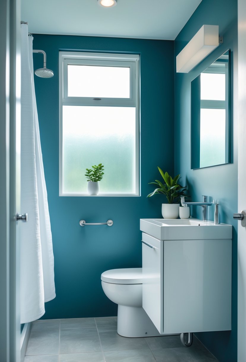 A small bathroom with steel blue walls, a white vanity, a mirror, chrome fixtures, a potted plant, and natural light coming through a frosted window.