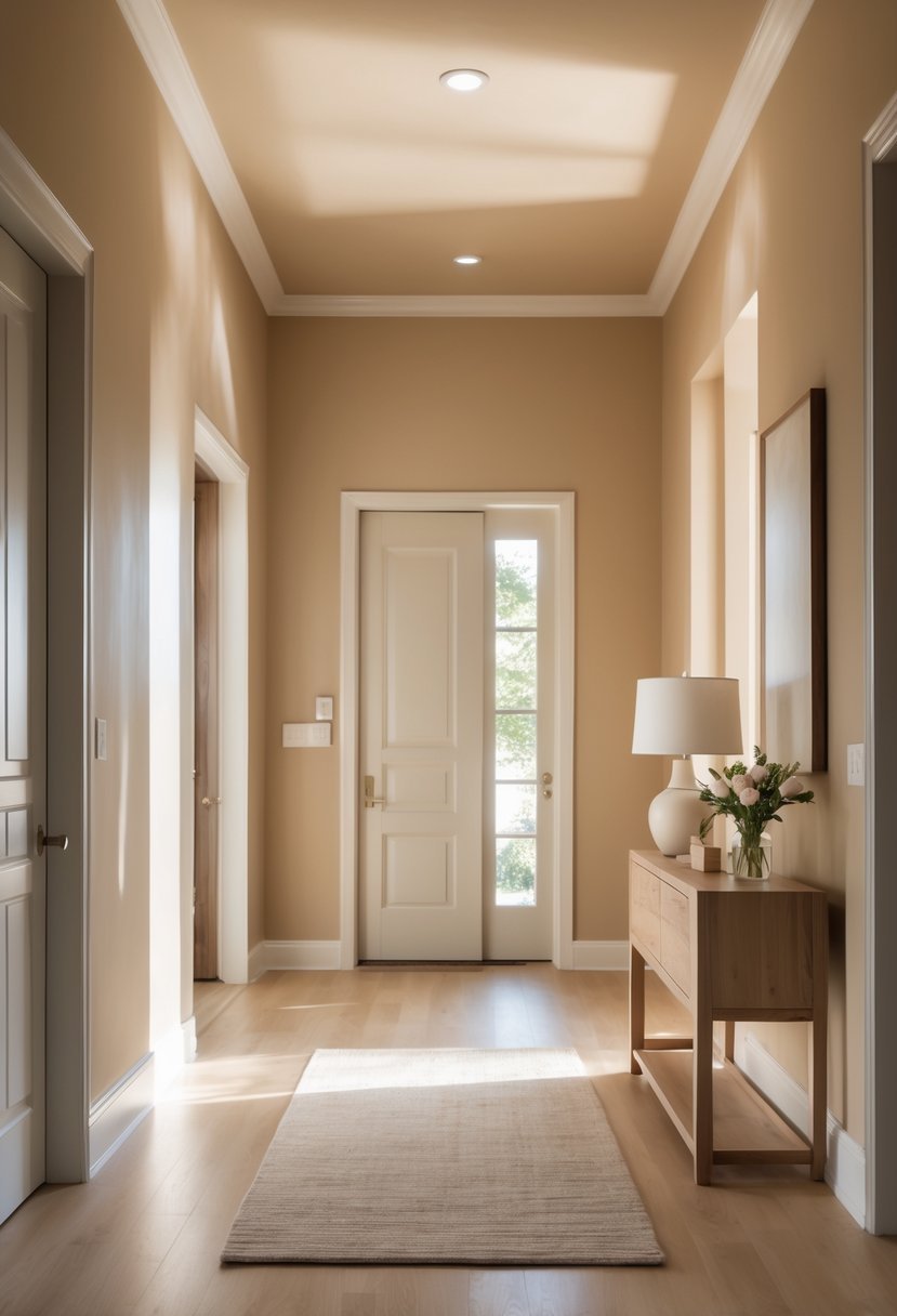 A home foyer with soft warm beige walls, a wooden console table with a vase and lamp, natural light, and a light hardwood floor.