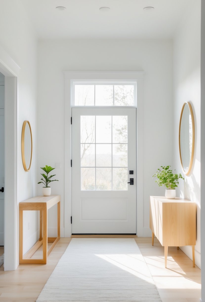 A bright foyer with white walls, a wooden console table, a round mirror, and a small plant.