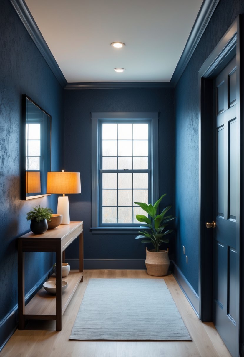 A foyer with deep navy blue walls, a wooden console table with a lamp and plant, and natural light coming through a window.