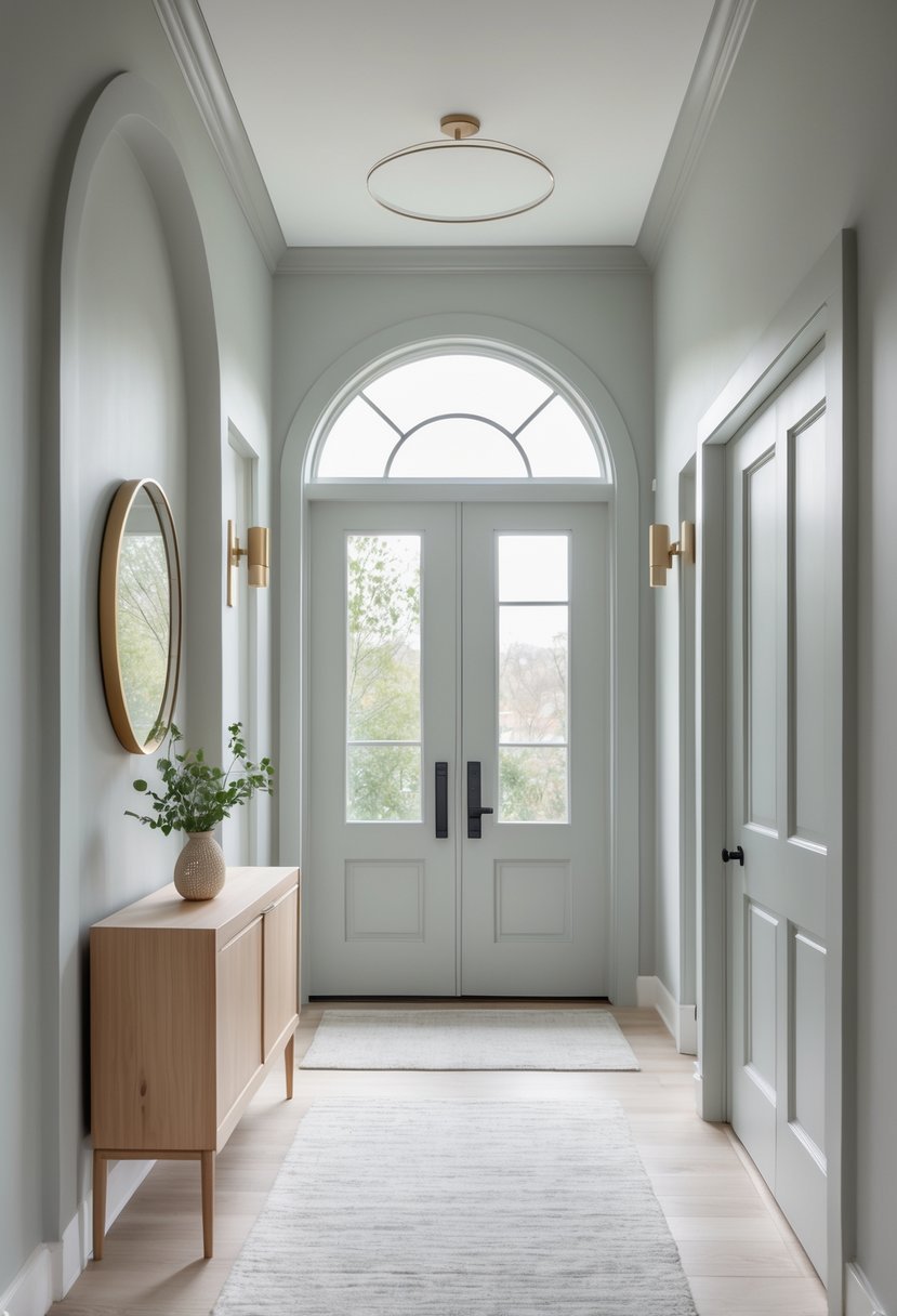 A modern foyer with pale gray walls, a wooden console table with a vase of greenery, a round mirror, and light hardwood flooring.