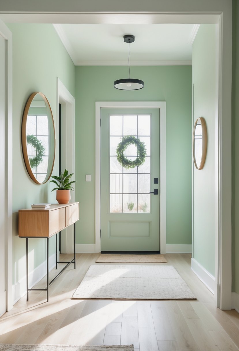 A bright foyer with fresh sage green walls, a wooden console table with a plant, a round mirror, and light hardwood flooring.