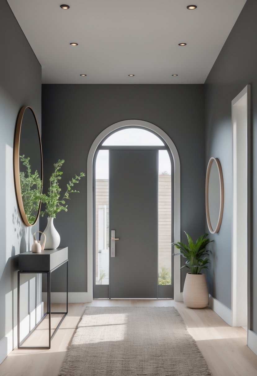 A modern foyer with steel gray walls, a console table with a vase of greenery, a round mirror, and light wooden flooring.
